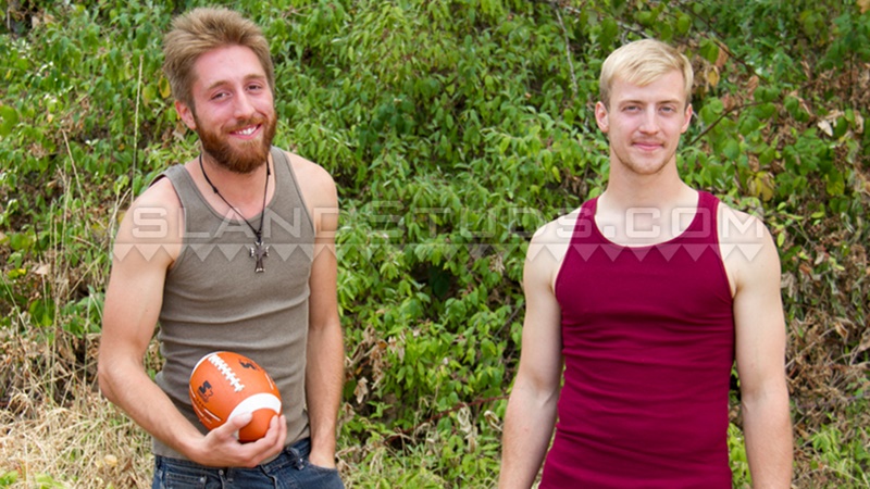 IslandStuds bearded hairy Chuck smooth big balls Chris naked sweaty football big thick cock furry cocksucking jerking off straight guys 001 gay porn tube star gallery video photo - Chuck and Chris talk as they play naked football together